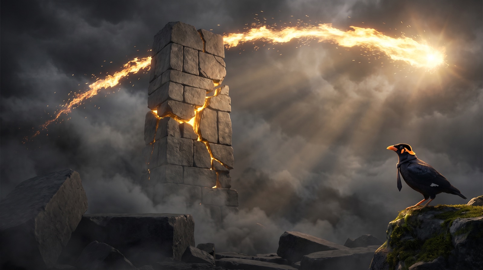A towering stone monolith split by fractures glowing with molten gold, a blazing arc of gold fire sweeping overhead through mist and god rays, and a black myna bird wearing a necktie perched on a mossy rock to the right.